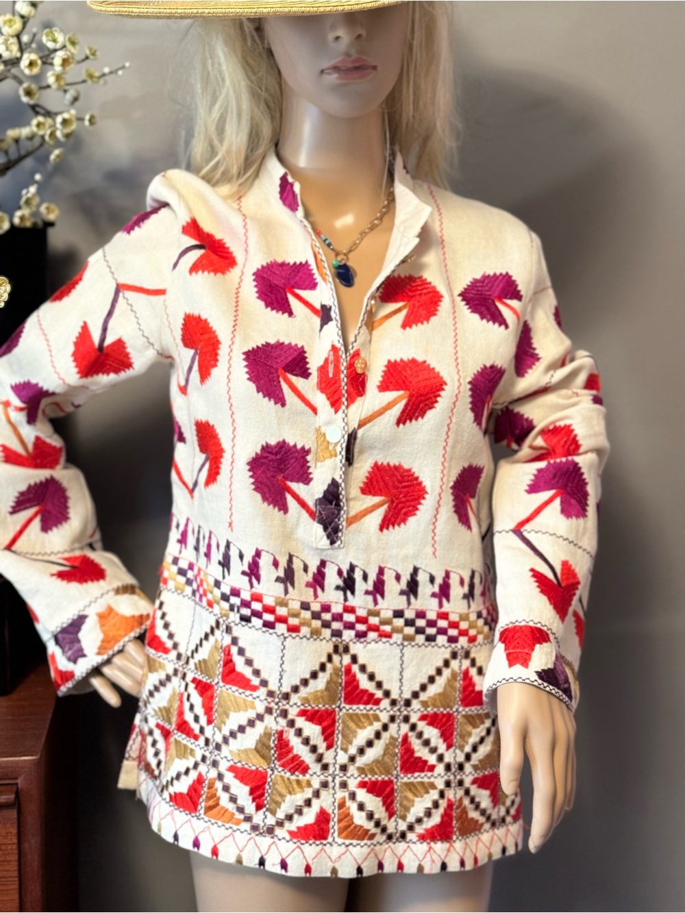 Tory Burch Cream Embroidered Linen Tunic with Red & Purple Accents - Picture 7 of 13